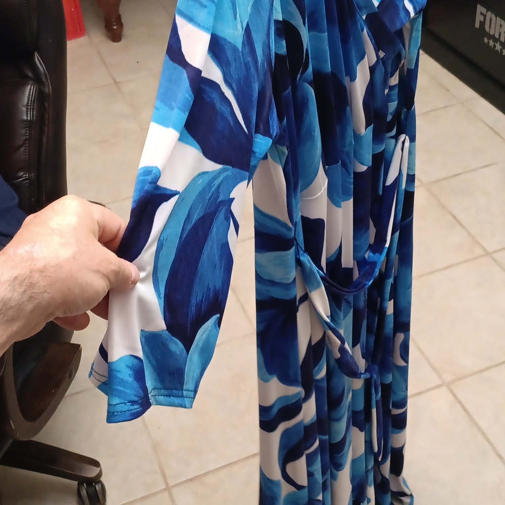 Mlle Gabrielle Blue and White Maxi Bodycon Dress With Waste Belt - Picture 3 of 4